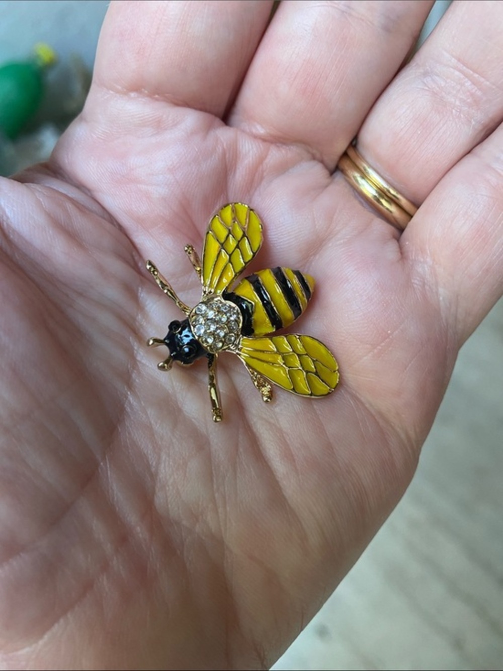 Yellow Black Bee Brooch with Rhinestone Accent